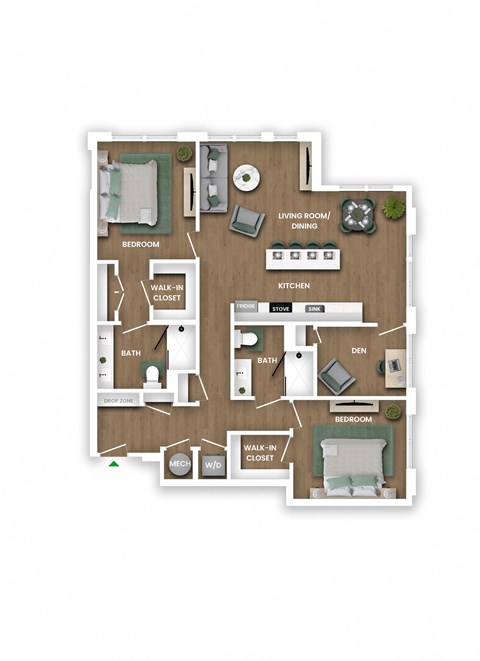 A floor plan of a house with a living room, dining room, kitchen, and four bedrooms.