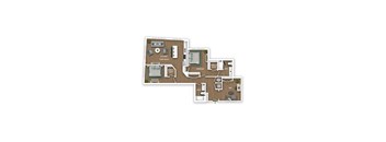 A floor plan of a house with a kitchen, living room, and two bedrooms.