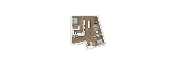 A floor plan of a small apartment with two bedrooms, a living room, a kitchen, and bathroom.