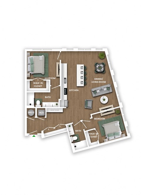 A floor plan of a small apartment with two bedrooms, a living room, a kitchen, and bathroom.