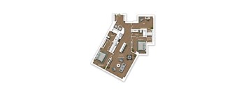 A floor plan of a house with two bedrooms, a living room, a kitchen, a bathroom, and a den.
