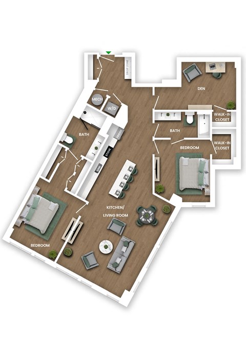 A floor plan of a house with two bedrooms, a living room, a kitchen, a bathroom, and a den.