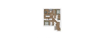 A floor plan of a house with two bedrooms, a living room, a kitchen, a bathroom, and a walk-in closet.