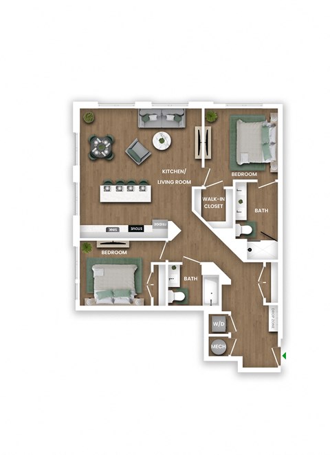 A floor plan of a house with two bedrooms, a living room, a kitchen, a bathroom, and a walk-in closet.