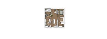 A floor plan of a house with two bedrooms, a living room, a kitchen, a bathroom, and a walk-in closet.