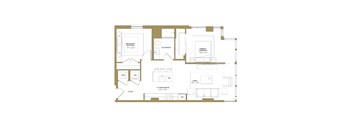 A floor plan of a house with a primary bedroom, secondary bedroom, living room, kitchen/dining area, foyer, bathroom, and laundry room.