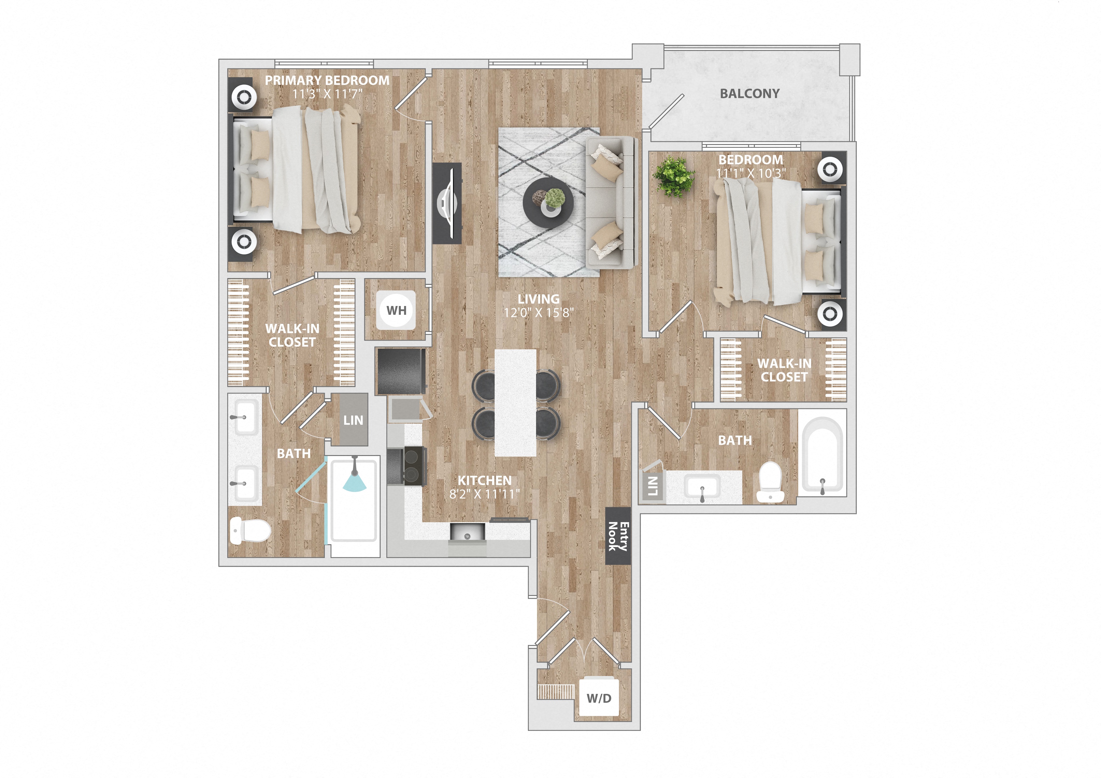 2 bed 2 bath B1B Floor Plan at South and Hollis, Charlotte