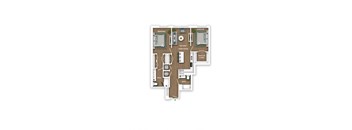 A floor plan of a house with two bedrooms, a living room, a kitchen, a bathroom, a walk-in closet, and a home office.
