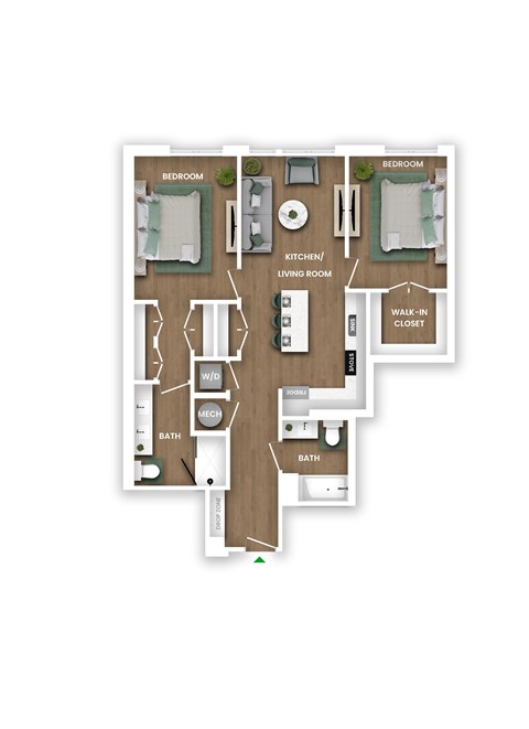 A floor plan of a house with two bedrooms, a living room, a kitchen, a bathroom, a walk-in closet, and a home office.