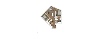 A floor plan of a house with a kitchen, living room, dining room, and two bedrooms.
