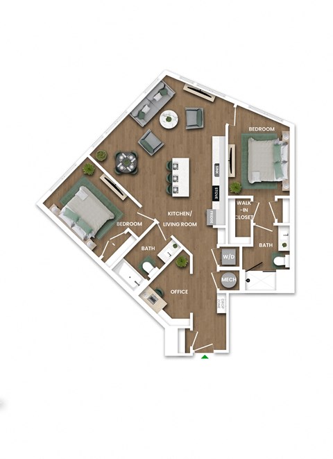 A floor plan of a house with a kitchen, living room, dining room, and two bedrooms.