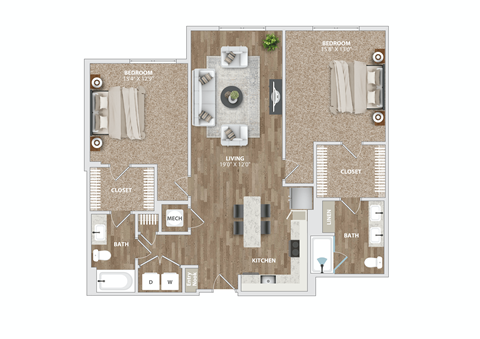 2 bed 2 bath B2-2 Floor Plan at Preston Ridge, Cary