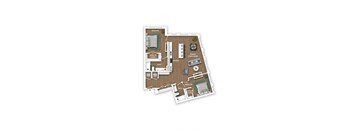 A floor plan of a house with two bedrooms, a living room, a kitchen, a bathroom, and a walk-in closet.
