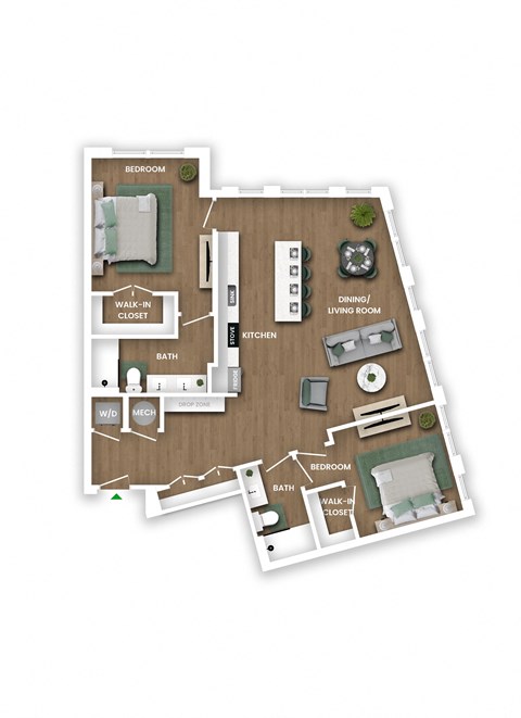 A floor plan of a house with two bedrooms, a living room, a kitchen, a bathroom, and a walk-in closet.