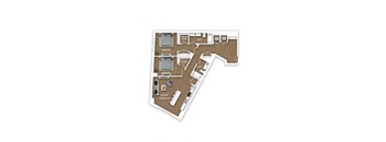 A floor plan of a house with two bedrooms, a living room, a kitchen, a bathroom, a walk-in closet, and a mud room.