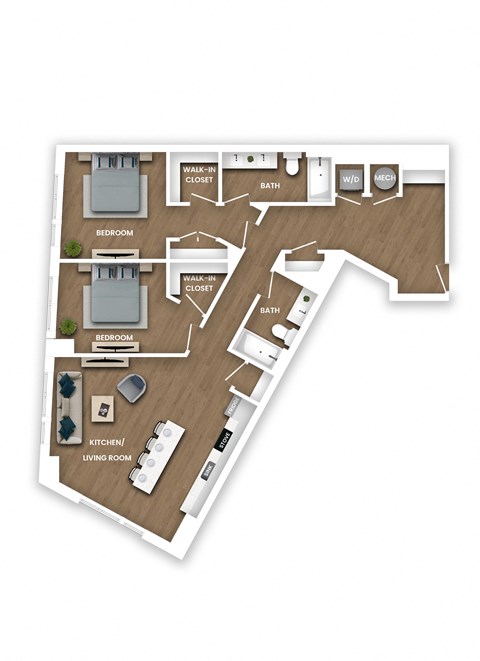A floor plan of a house with two bedrooms, a living room, a kitchen, a bathroom, a walk-in closet, and a mud room.