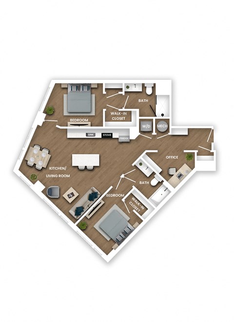 A floor plan of a house with two bedrooms, a living room, a kitchen, an office, a bathroom, and a walk-in closet.