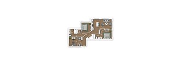 A floor plan of a home with a kitchen, living room, and two bedrooms.