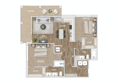 2 bed 2 bath B3 Floor Plan at Preston Ridge, Cary, 27513