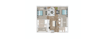A floor plan of a house with a living room, dining room, kitchen, and bathrooms.