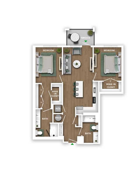 A floor plan of a house with two bedrooms, a living room, a kitchen, a bathroom, and a walk-in closet.