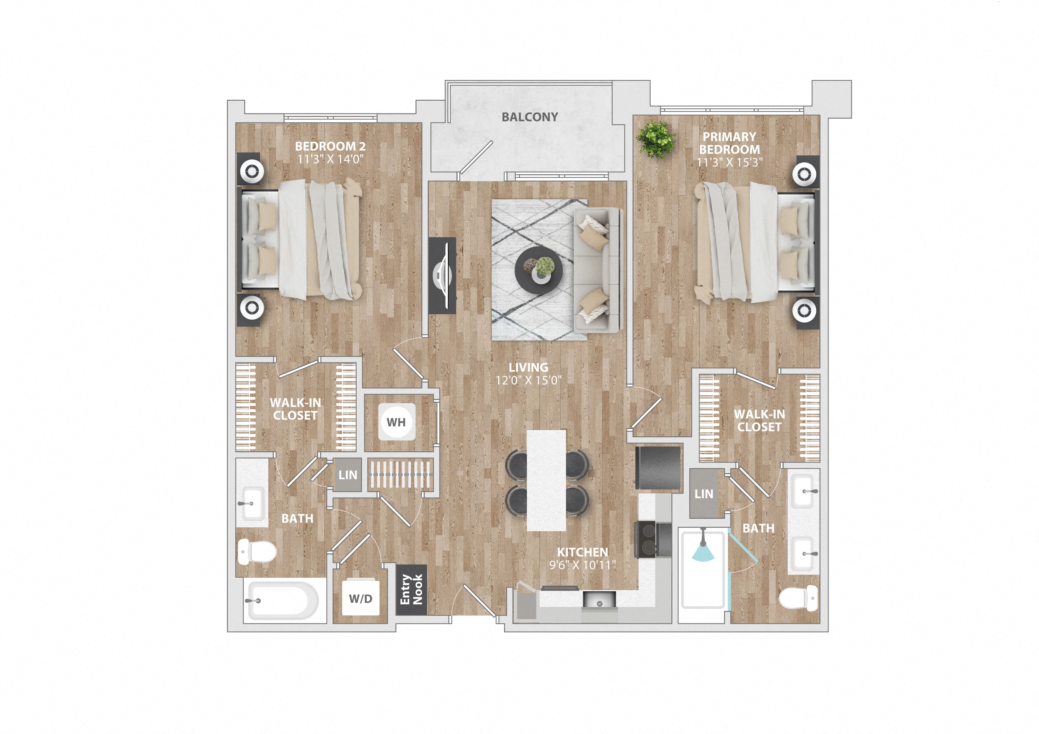 2 bed 2 bath B3BH Floor Plan at South and Hollis, Charlotte, NC