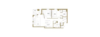 A floor plan of a house with a living room, kitchen, bathroom, and bedrooms.