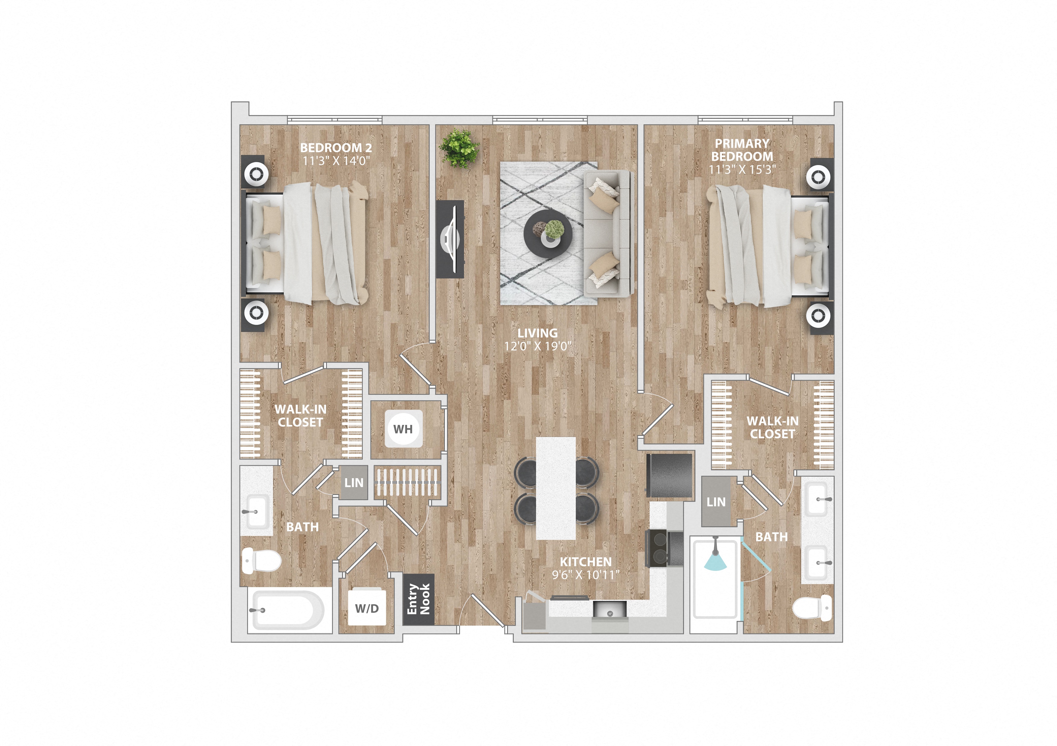 2 bed 2 bath B4B Floor Plan at South and Hollis, Charlotte, North Carolina