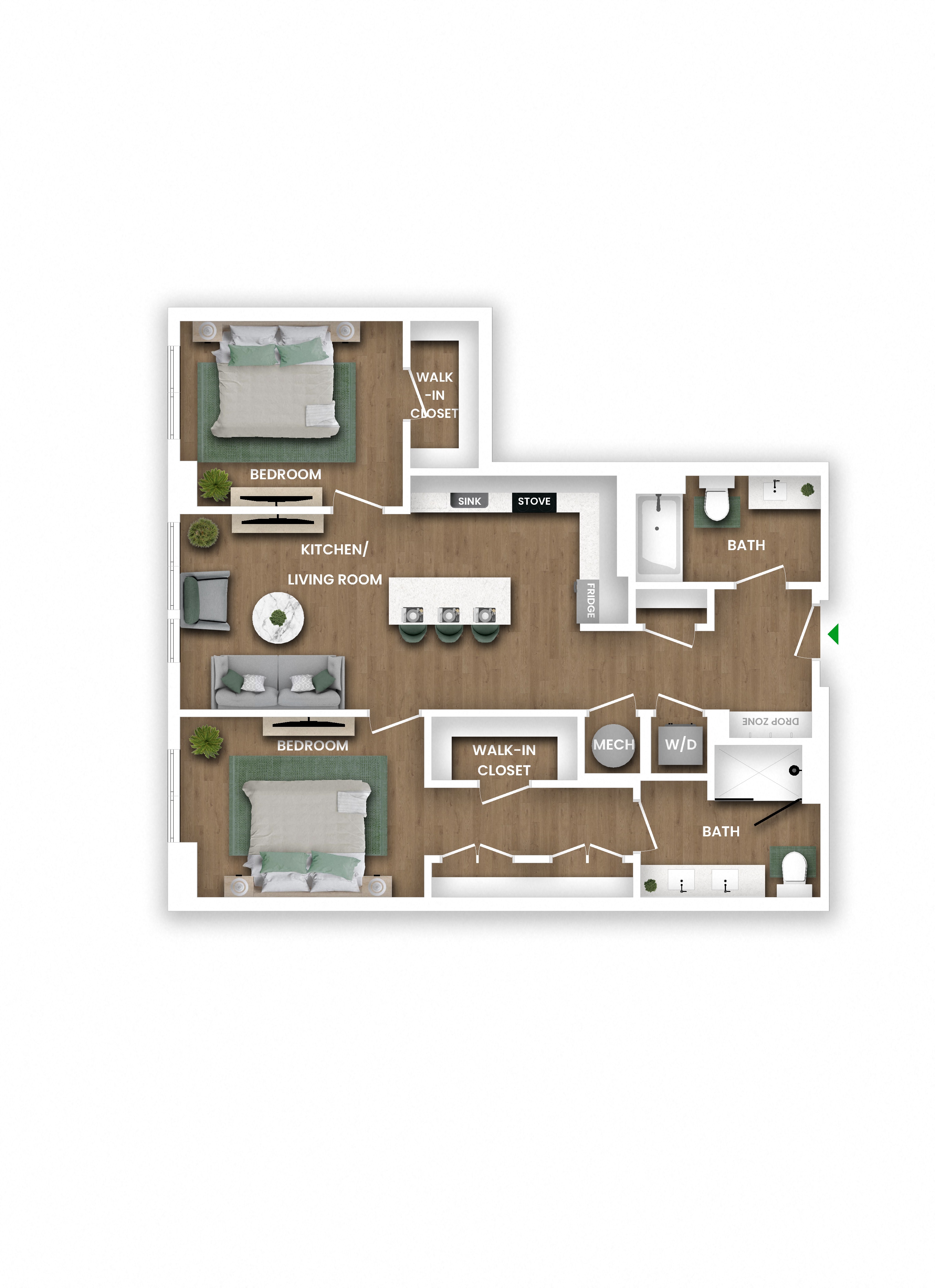 A floor plan of a house with a living room, kitchen, two bathrooms, a bedroom, and a walk-in closet.