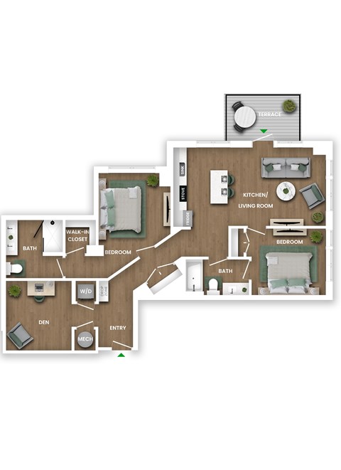 A floor plan of a house with a kitchen, living room, and bedrooms.