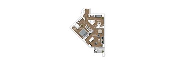 A floor plan of a house with a bathroom, two bedrooms, a kitchen, and a living room.