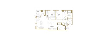 A floor plan of a house with a living room, kitchen, and two bathrooms.