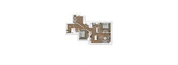 A floor plan of a house with a kitchen, living room, two bedrooms, a bathroom, and a walk-in closet.