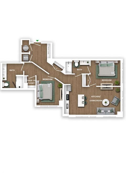 A floor plan of a house with a kitchen, living room, two bedrooms, a bathroom, and a walk-in closet.