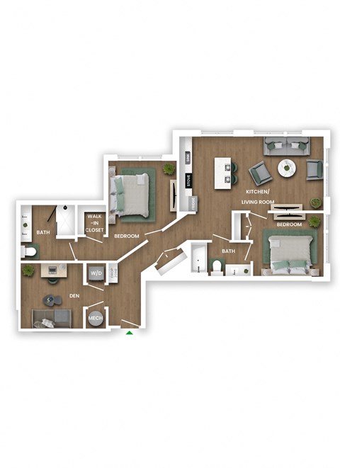 A floor plan of a home with a kitchen, living room, and two bedrooms.