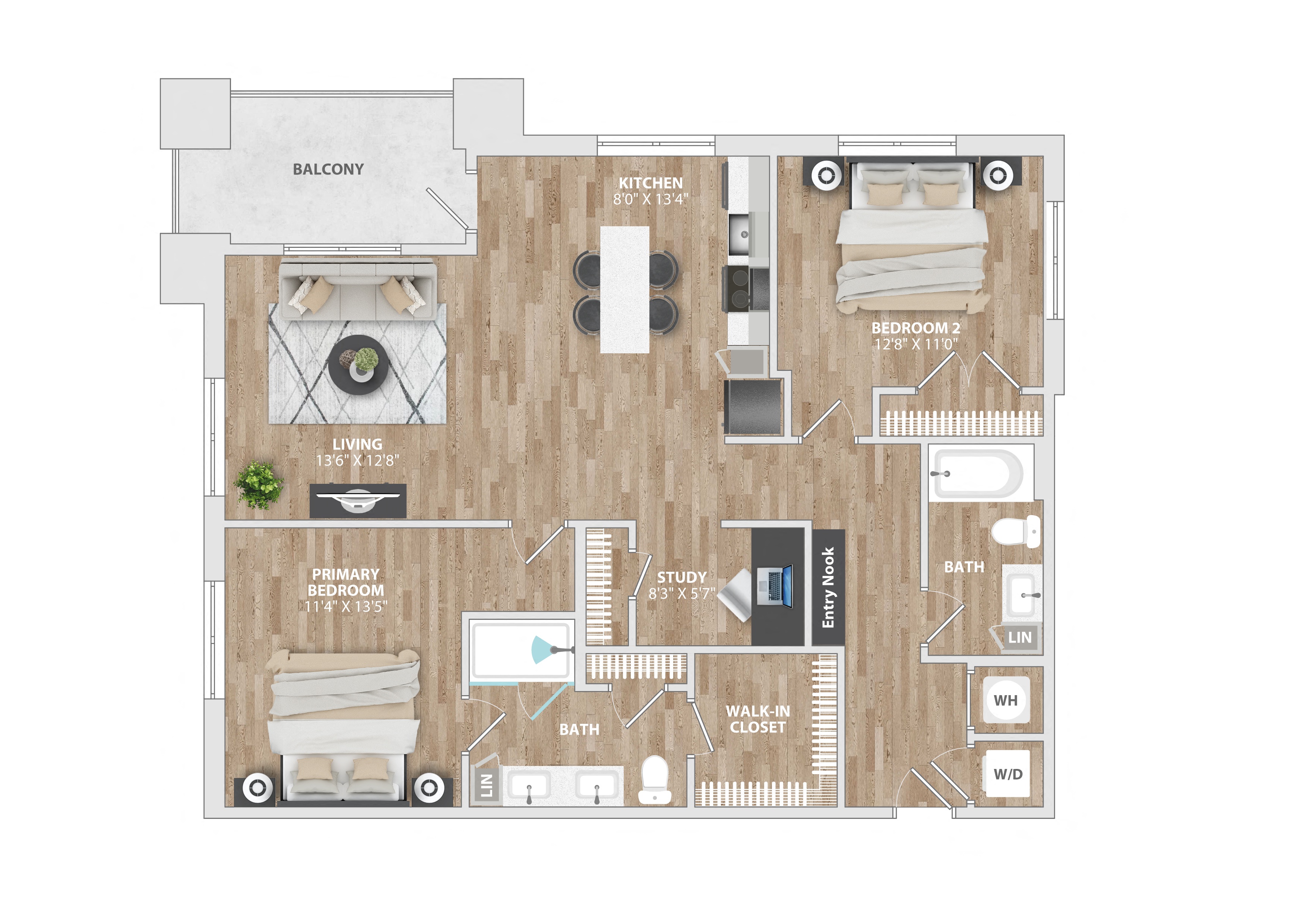 2 bed 2 bath B5BD Floor Plan at South and Hollis, Charlotte, North Carolina