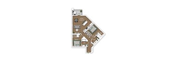 A floor plan of a house with a kitchen, living room, two bedrooms, a bathroom, and a walk-in closet.