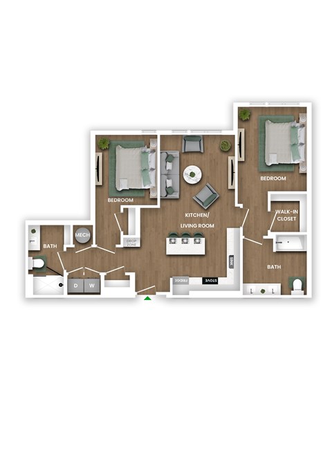 A diagram of a house layout with two bedrooms, a living room, a kitchen, a bathroom, and a walk-in closet.