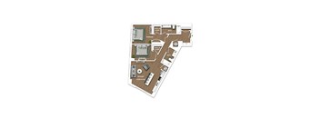 A floor plan of a house with two bedrooms, a living room, a kitchen, a bathroom, and a home office.