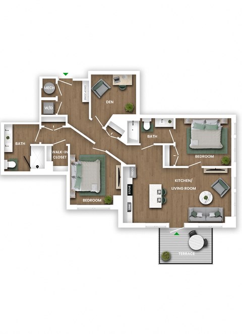A floor plan of a house with a living room, dining room, kitchen, two bedrooms, a bathroom, a walk-in closet, and a red room.