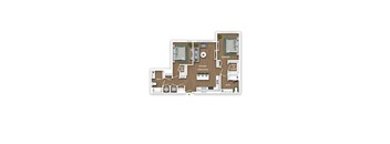 A floor plan of a house with two bedrooms, a living room, a kitchen, a bathroom, and a study.