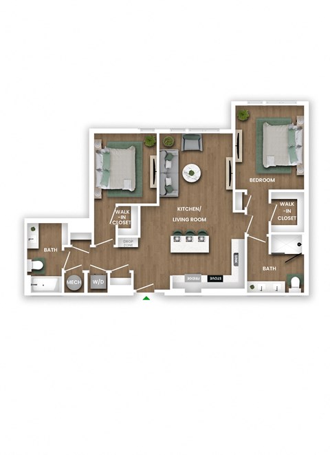 A floor plan of a house with two bedrooms, a living room, a kitchen, a bathroom, and a study.