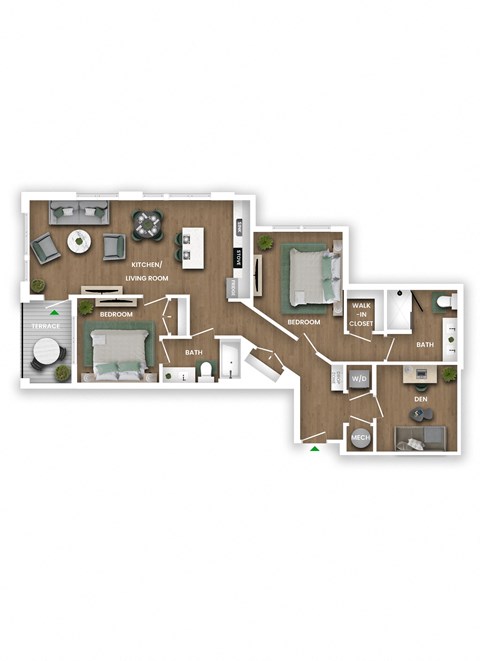 A floor plan of a house with a kitchen, living room, dining room, and bathrooms.