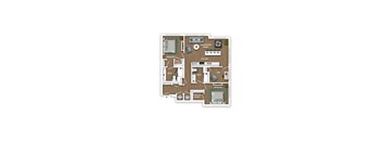 A floor plan of a house with two bedrooms, a living room, a kitchen, a bathroom, and a den.