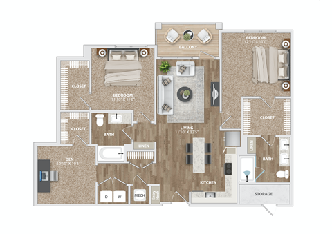 2 bed 2 bath BD3 Floor Plan at Preston Ridge, Cary