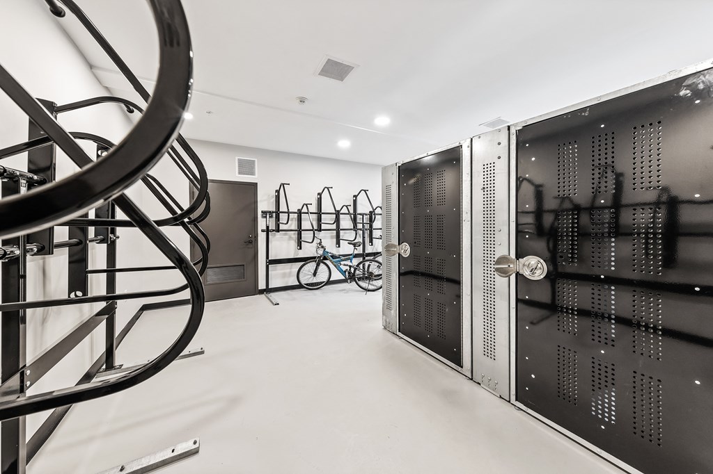 A bike room with storage at Preston Ridge, Cary NC
