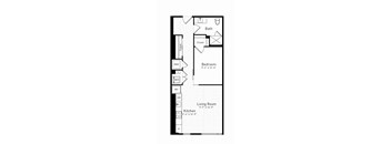 A floor plan of a small apartment with a living room, kitchen, bedroom and bathroom.
