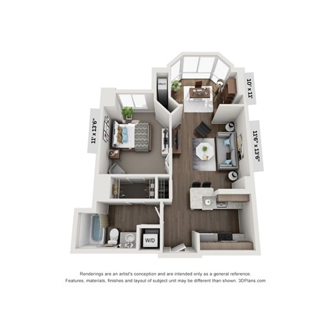 A 3D floor plan of a small apartment with a kitchen, living room, and bathroom.