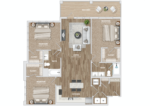 3 bed 2 bath C1 Floor Plan at Preston Ridge, Cary