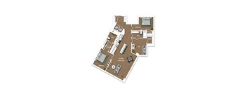 A floor plan of a house with a kitchen, living room, dining room, and two bedrooms.